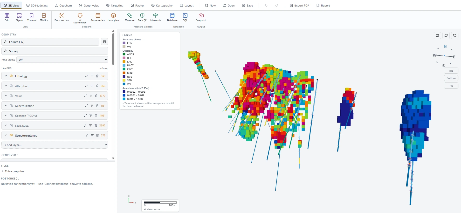 GeoStrix 3D view of the sample project: drillholes with structure planes and lithology, among block models built from the drilling, including an inverse-distance gold estimate in blue